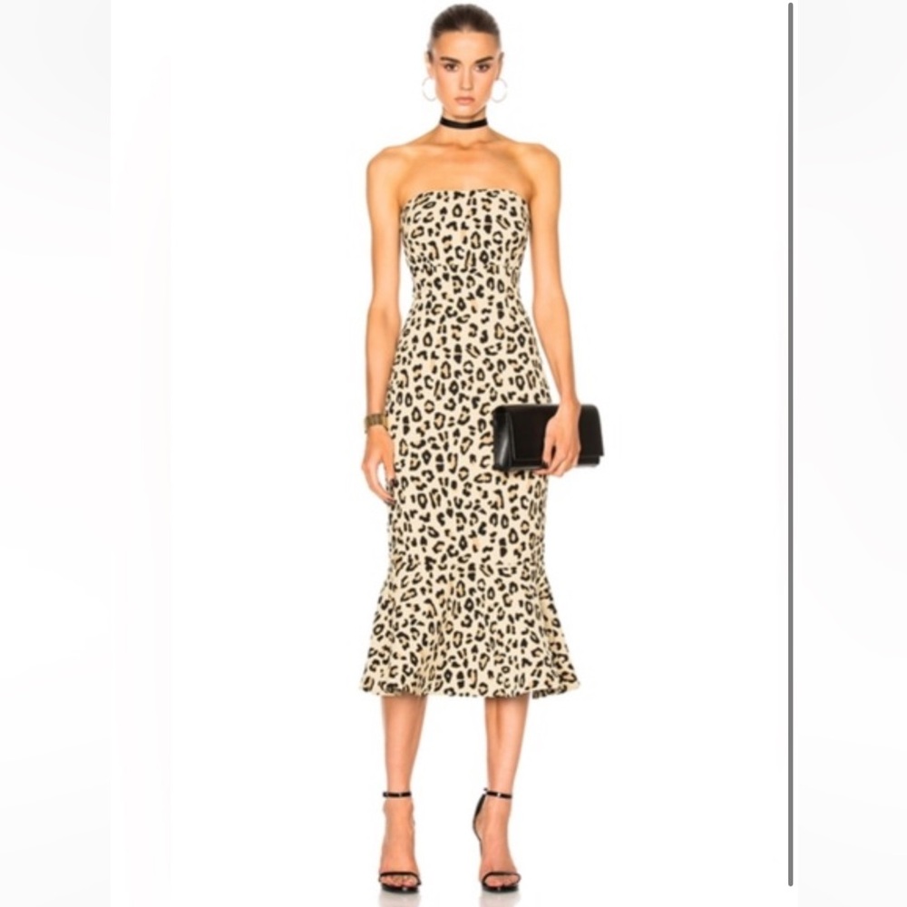 Cinq a Sept 'Luna' Leopard-Print Strapless Mermaid Dress, Black/Tan, Small, NWT